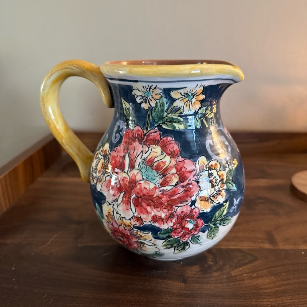Floral Ceramic Pitcher with Yellow Handle